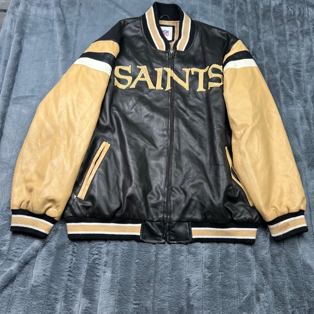 NFL New Orleans Saints Faux Leather Varsity Jacket Mens XXL Black Gold Full Zip